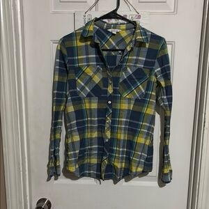 Plaid Button-Up Shirt in Blue and Yellow